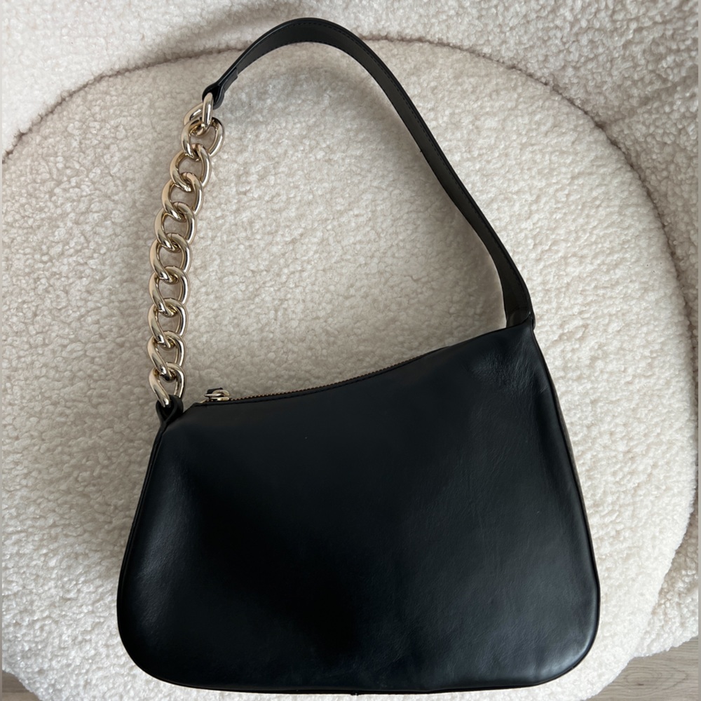 Black 100% Genuine Leather Purse with gold metal chain hardware